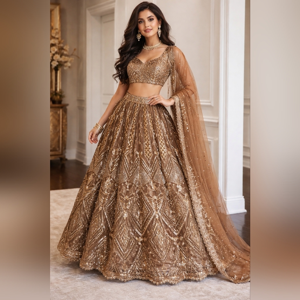 Elegant Gold Embellished Lehenga - Women Lehengas